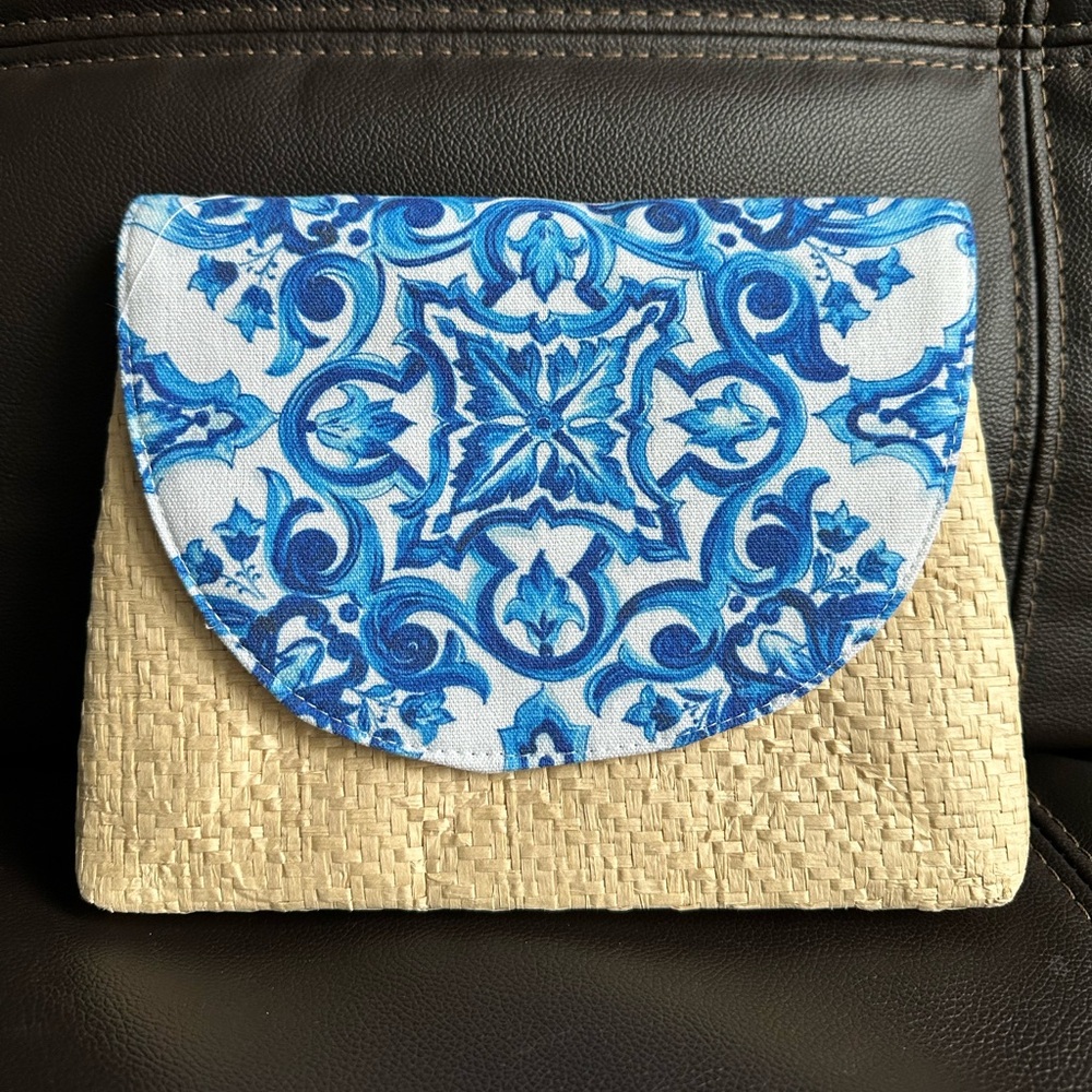 Dolce & Gabbana Light Blue Straw Clutch with Mediterranean Tile Design